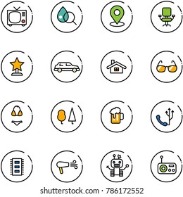 line vector icon set - tv vector, blood test, map pin, office chair, award, limousine, home, sunglasses, swimsuit, forest, beer, phone, chip, dryer, robot, radio