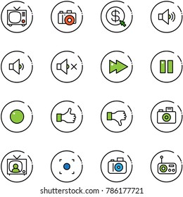 Line Vector Icon Set - Tv Vector, Camera, Money Click, Volume Medium, Low, Off, Fast Forward, Pause, Record, Like, Dislike, News, Button, Radio