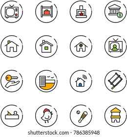 line vector icon set - tv vector, baggage room, fireplace, account, home, news, key hand, hotel, wireless, bucksaw, jointer, chicken toy, baseball bat, block house