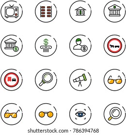line vector icon set - tv vector, plane seats, bank, account, no cart horse road sign, truck overtake, magnifier, telescope, sunglasses, eye scanner