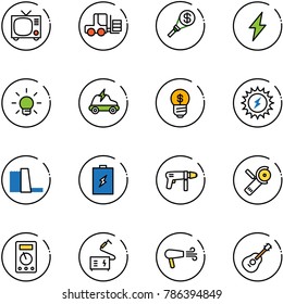 line vector icon set - tv vector, fork loader, money torch, lightning, bulb, electric car, business idea, sun power, water plant, battery, drill machine, Angular grinder, multimeter, welding, dryer