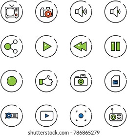 Line Vector Icon Set - Tv Vector, Camera, Volume Medium, Low, Share, Play, Fast Backward, Pause, Record, Like, Sim, Projector, Playback, Button, Radio