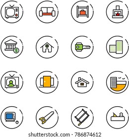 line vector icon set - tv vector, vip waiting area, baggage room, fireplace, account, home, key, building, news, doors, hotel, monoblock pc, saw, bucksaw, jointer