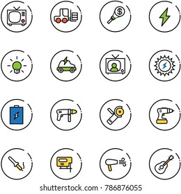 line vector icon set - tv vector, fork loader, money torch, lightning, bulb, electric car, news, sun power, battery, drill machine, Angular grinder, soldering iron, jig saw, dryer, guitar