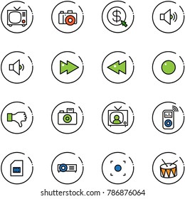 line vector icon set - tv vector, camera, money click, volume medium, low, fast forward, backward, record, dislike, news, music player, sim, projector, button, drum