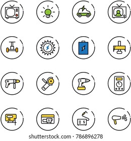 line vector icon set - tv vector, bulb, electric car, news, gyroscope, sun power, battery, milling cutter, drill machine, Angular grinder, multimeter, jig saw, generator, welding, dryer