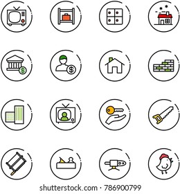 line vector icon set - tv vector, baggage room, house, account, home, brick wall, building, news, key hand, saw, bucksaw, jointer, pipe welding, chicken toy