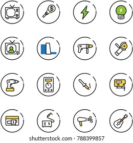 line vector icon set - tv vector, money torch, lightning, idea, news, water power plant, drill machine, Angular grinder, multimeter, soldering iron, jig saw, generator, welding, dryer, guitar
