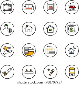 line vector icon set - tv vector, vip waiting area, baggage room, house, account, home, news, key hand, hotel, sea, wireless, saw, jointer, baseball bat, toy block
