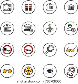 line vector icon set - tv vector, plane seats, bank, account, no trailer road sign, cart horse, magnifier, sunglasses, parasol, eye scanner, teethers