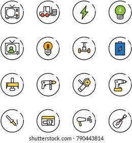 line vector icon set - tv vector, fork loader, lightning, idea, news, business, gyroscope, battery, milling cutter, drill machine, Angular grinder, soldering iron, generator, dryer, guitar