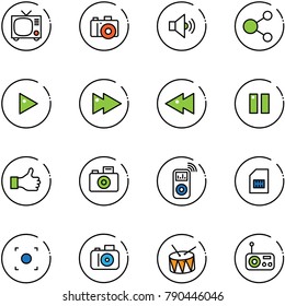 line vector icon set - tv vector, camera, volume medium, share, play, fast forward, backward, pause, like, music player, sim, record button, drum, radio