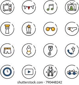 line vector icon set - tv vector, flag garland, music, news, award, sunglasses, swimsuit, piston, phone, clock, playback, robot, toy car
