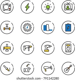 line vector icon set - tv vector, lightning, bulb, news, gyroscope, sun power, water plant, battery, milling cutter, drill machine, multimeter, soldering iron, welding, dryer, guitar