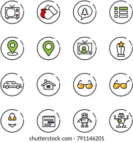 line vector icon set - tv vector, gloves, merry christmas message, menu, map pin, news, award, limousine, home, sunglasses, swimsuit, terms plan, robot