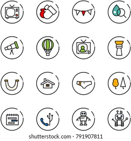line vector icon set - tv vector, gloves, flag garland, blood test, telescope, air balloon, news, award, luck, home, swimsuit, forest, terms plan, phone, robot