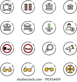 line vector icon set - tv vector, plane seats, bank, account, no trailer road sign, cart horse, magnifier, telescope, sunglasses, parasol