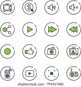 line vector icon set - tv vector, money click, volume medium, off, share, play, fast forward, backward, record, like, camera, news, music player, playback, button, radio