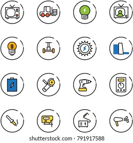 line vector icon set - tv vector, fork loader, idea, news, business, gyroscope, sun power, water plant, battery, Angular grinder, drill, multimeter, soldering iron, jig saw, welding, dryer