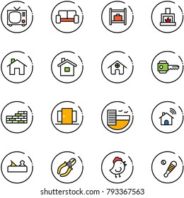 line vector icon set - tv vector, vip waiting area, baggage room, fireplace, home, key, brick wall, doors, hotel, wireless, jointer, side cutters, chicken toy, baseball bat