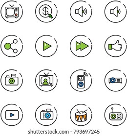 Line Vector Icon Set - Tv Vector, Money Click, Volume Medium, Low, Share, Play, Fast Forward, Like, Camera, News, Music Player, Projector, Playback, Drum, Radio