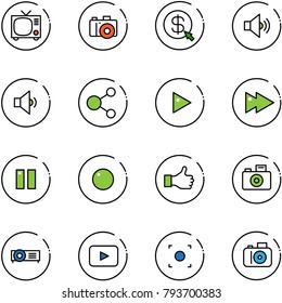 Line Vector Icon Set - Tv Vector, Camera, Money Click, Volume Medium, Low, Share, Play, Fast Forward, Pause, Record, Like, Projector, Playback, Button