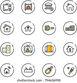 line vector icon set - tv vector, baggage room, account, home, key, brick wall, building, news, doors, dollar, wireless, jointer, side cutters, baseball bat