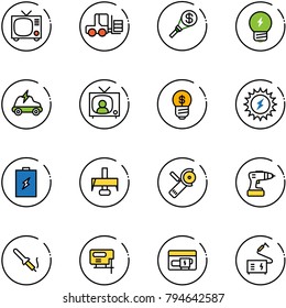 line vector icon set - tv vector, fork loader, money torch, idea, electric car, news, business, sun power, battery, milling cutter, Angular grinder, drill, soldering iron, jig saw, generator
