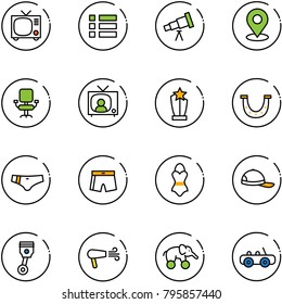 line vector icon set - tv vector, menu, telescope, map pin, office chair, news, award, luck, swimsuit, cap, piston, dryer, elephant wheel, toy car