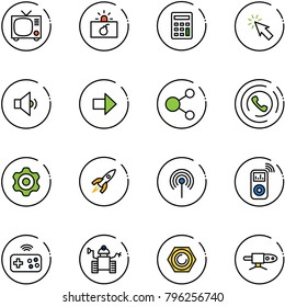 line vector icon set - tv vector, terrorism, calculator, cursor, low volume, right arrow, share, phone horn, gear, rocket, antenna, music player, joystick wireless, robot, nut, pipe welding