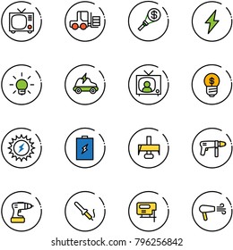 line vector icon set - tv vector, fork loader, money torch, lightning, bulb, electric car, news, business idea, sun power, battery, milling cutter, drill machine, soldering iron, jig saw, dryer