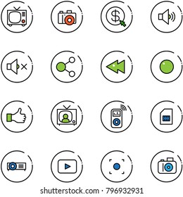 line vector icon set - tv vector, camera, money click, volume medium, off, share, fast backward, record, like, news, music player, sim, projector, playback, button