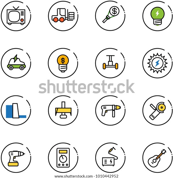 line vector icon set - tv vector, fork loader,
money torch, idea, electric car, business, gyroscope, sun power,
water plant, milling cutter, drill machine, Angular grinder,
multimeter, welding
