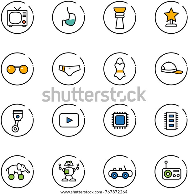 line vector icon set - tv vector, stomach, award,
sunglasses, swimsuit, cap, piston, playback, cpu, chip, elephant
wheel, robot, toy car,
radio