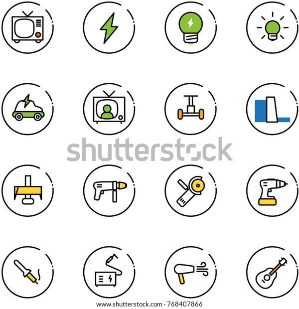 line vector icon set - tv vector, lightning, idea,
bulb, electric car, news, gyroscope, water power plant, milling
cutter, drill machine, Angular grinder, soldering iron, welding,
dryer, guitar