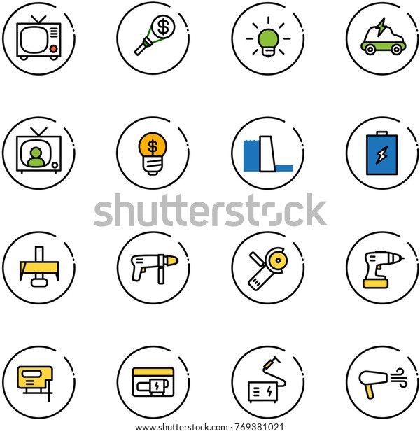 line vector icon set - tv vector, money torch,\
bulb, electric car, news, business idea, water power plant,\
battery, milling cutter, drill machine, Angular grinder, jig saw,\
generator, welding, dryer