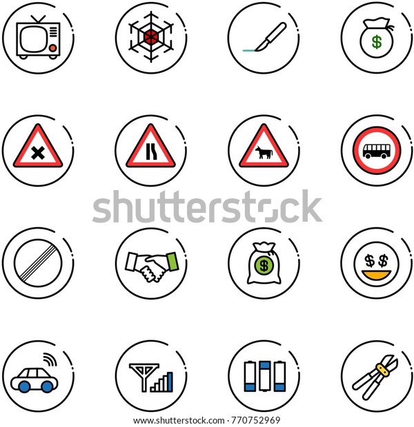 line vector icon set - tv vector, snowflake,\
scalpel, money bag, railway intersection road sign, narrows, cow,\
no bus, limit, agreement, smile, car wireless, fine signal,\
battery, bolt cutter