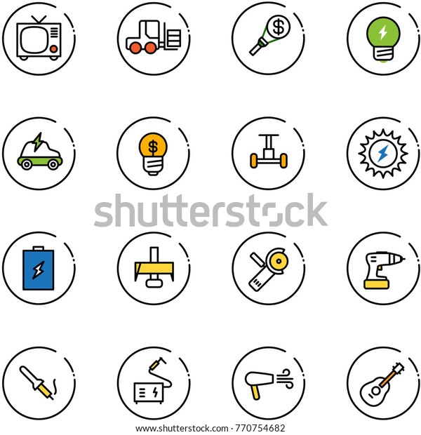 line vector icon set - tv vector, fork loader,\
money torch, idea, electric car, business, gyroscope, sun power,\
battery, milling cutter, Angular grinder, drill, soldering iron,\
welding, dryer