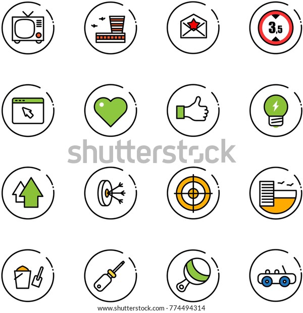line vector icon set - tv vector, airport
building, star letter, limited height road sign, cursor browser,
heart, like, idea, arrow up, solution, target, hotel, bucket scoop,
screwdriver, beanbag