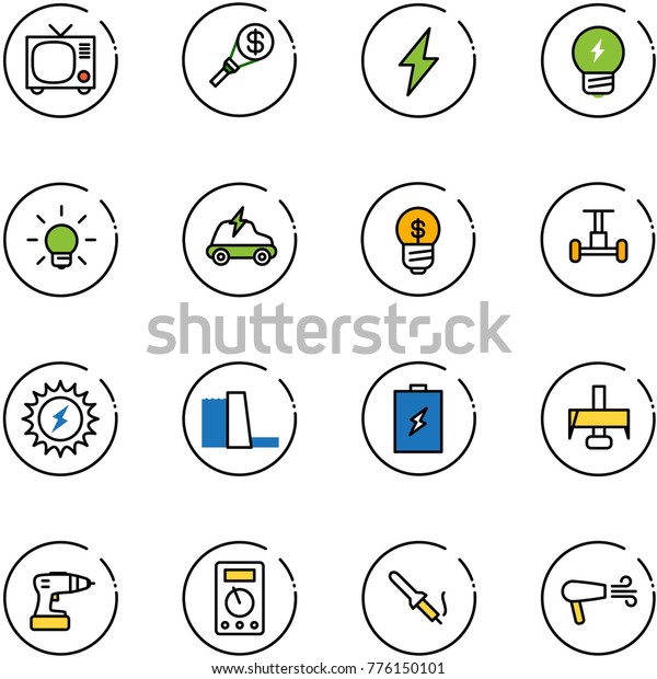 line vector icon set - tv vector, money torch,\
lightning, idea, bulb, electric car, business, gyroscope, sun\
power, water plant, battery, milling cutter, drill, multimeter,\
soldering iron, dryer