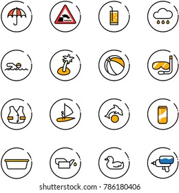 line vector icon set - umbrella, embankment road sign, drink, rain cloud, swimming, palm, ball, diving, life vest, windsurfing, dolphin, basin, oil can, toy duck, water gun
