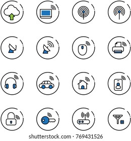 line vector icon set - upload cloud vector, notebook wi fi, antenna, satellite, mouse wireless, printer, headphones, car, home, identity card, lock, key, router, no signal