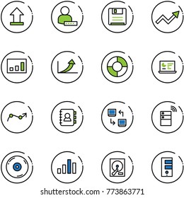 line vector icon set - uplooad vector, user password, save, growth arrow, statistics, circle chart, monitor, point, contact book, data exchange, server wireless, cd, hdd