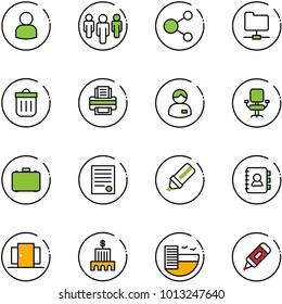 line vector icon set - user vector, group, share, network folder, trash bin, printer, manager, office chair, case, agreement, highlight marker, contact book, doors, bank building, hotel