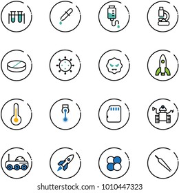 line vector icon set - vial vector, pipette, drop counter, lab, pill, virus, rocket, thermometer, laser, micro flash card, robot, moon rover, atom core, forceps