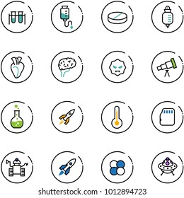 line vector icon set - vial vector, drop counter, pill, heart, brain, virus, telescope, round flask, rocket, thermometer, micro flash card, robot, atom core, ufo toy