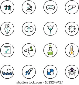 line vector icon set - vial vector, lab, pill, liver, heart, kidneys, bladder, virus, x ray, telescope, round flask, thermometer, moon rover, rocket, atom core, ufo toy