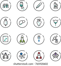 line vector icon set - vial vector, drop counter, thermometer, lab, liver, heart, bladder, x ray, rocket, laser, satellite, robot, molecule, ufo toy