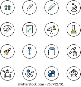 line vector icon set - vial vector, pipette, thermometer, lab, brain, x ray, telescope, flask, rocket, laser, micro flash card, satellite, robot, molecule, atom core, ufo toy