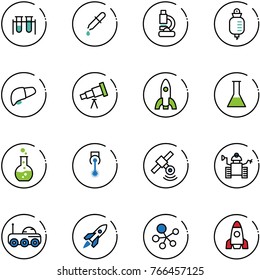 line vector icon set - vial vector, pipette, lab, drop counter, liver, telescope, rocket, flask, round, laser, satellite, robot, moon rover, molecule